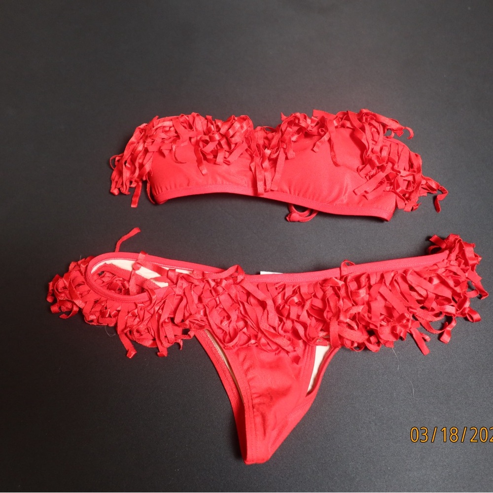 Red Fringe Bandeau Bikini Set Small Festival Boho Summer Coastal